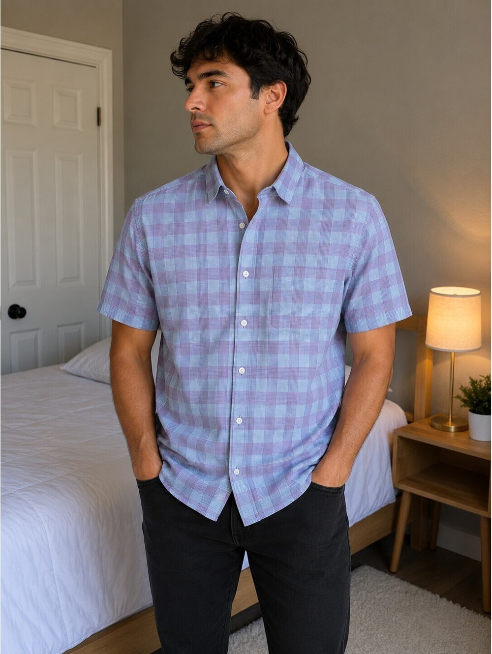 Van Heusen Never Tuck Slim Fit Men's Short Sleeve Button-Up Shirt, Size Large